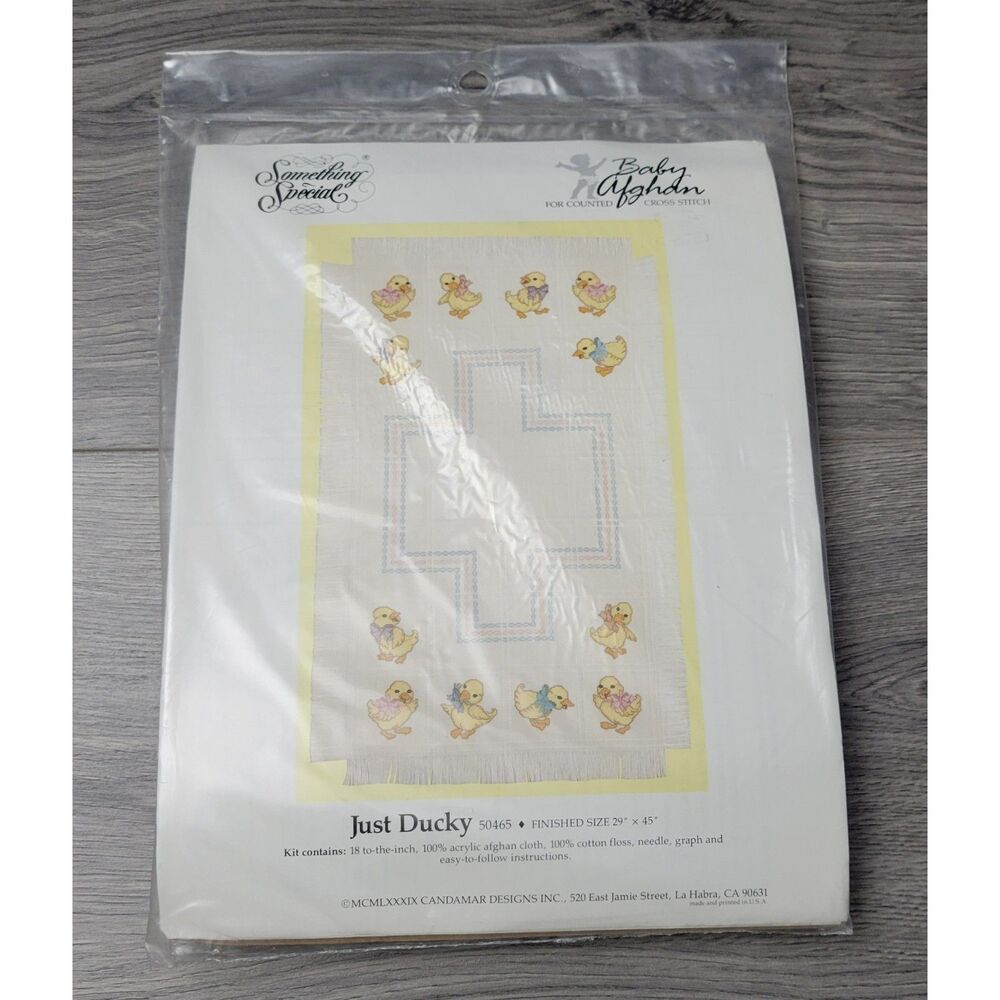 VTG 1989‎ Candamar Just Ducky 50465 Finished 29" x 45" Baby Afghan Cross Stitch
